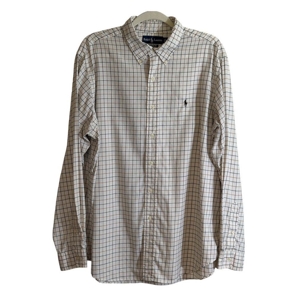 Ralph Lauren Button Down Shirt Mens XL White Brown Check Classic Fit Long Sleeve